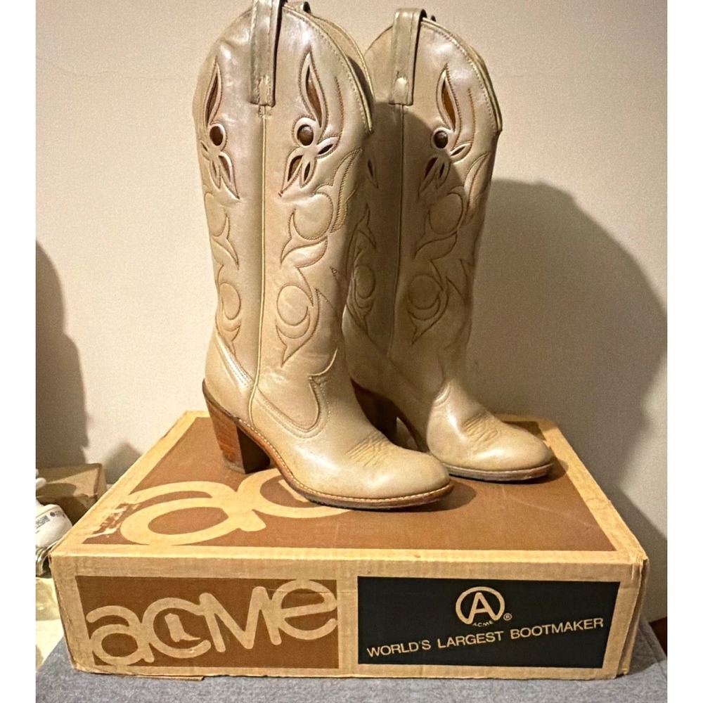 Acme 8837 Women's Western Cowboy Boots Beige/Tan Leather Look Size US 7.5